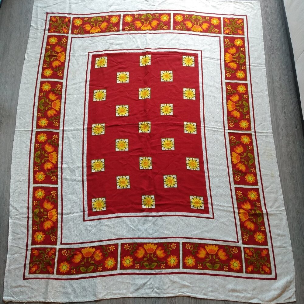 Vintage Scandinavian Tablecloth Tulip Flowers Sunflowers Burgundy Orange Rayon